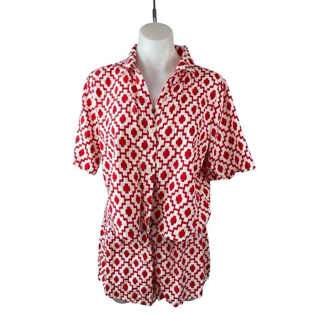 Shade & Shore Red Geometric Ikat Button Up Top Wide Leg Short Pajama Set Size S